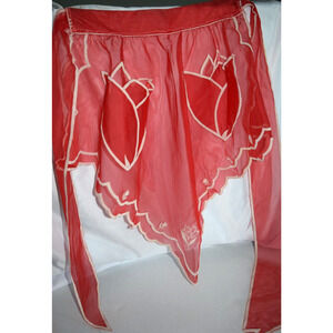 Vtg 50's Sheer Waist Apron Tulip Pockets Flocked White Trim Retro Traditional
